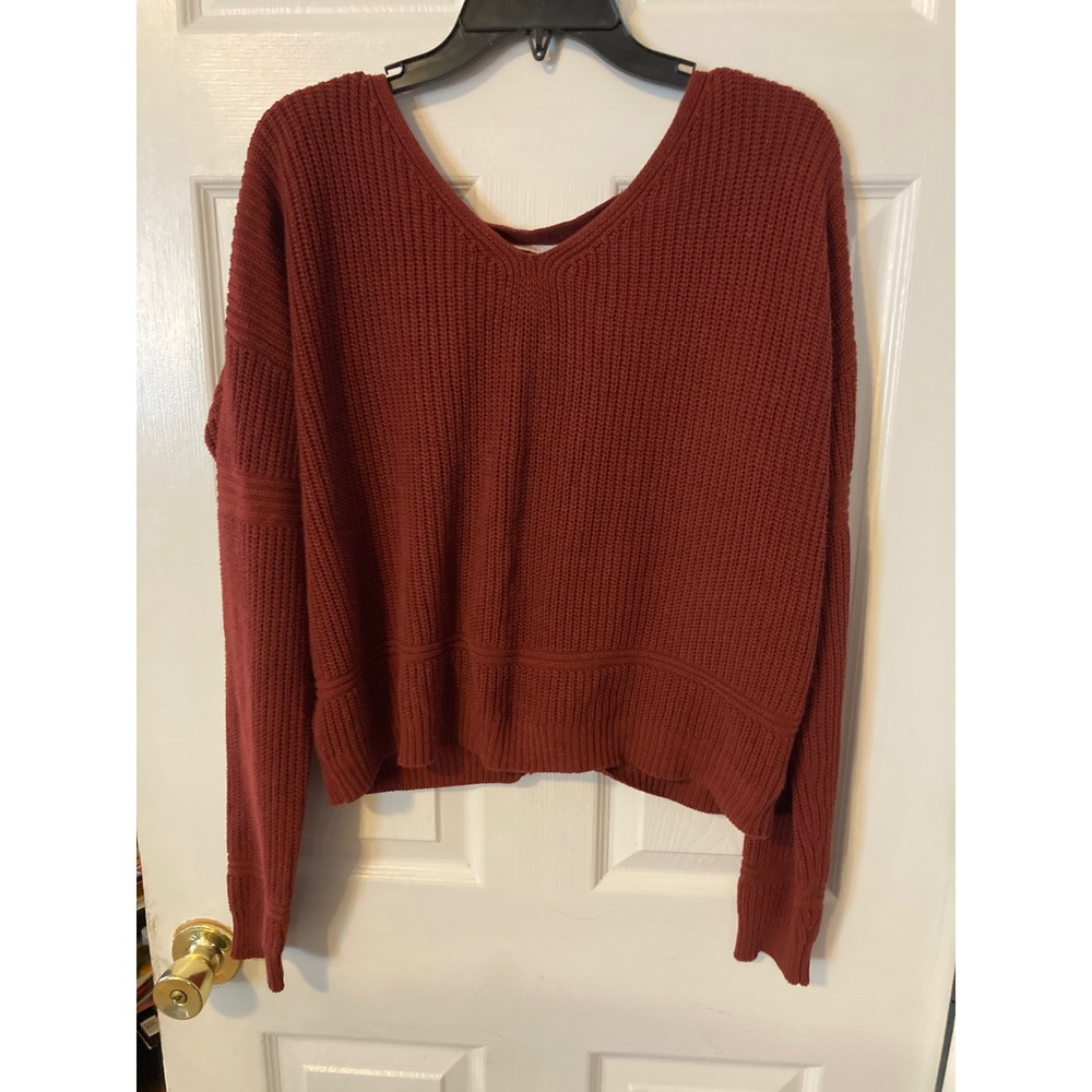 Active USA Rust Orange Lace Up Back Chunky Knit V-Neck Sweater Small Pullover